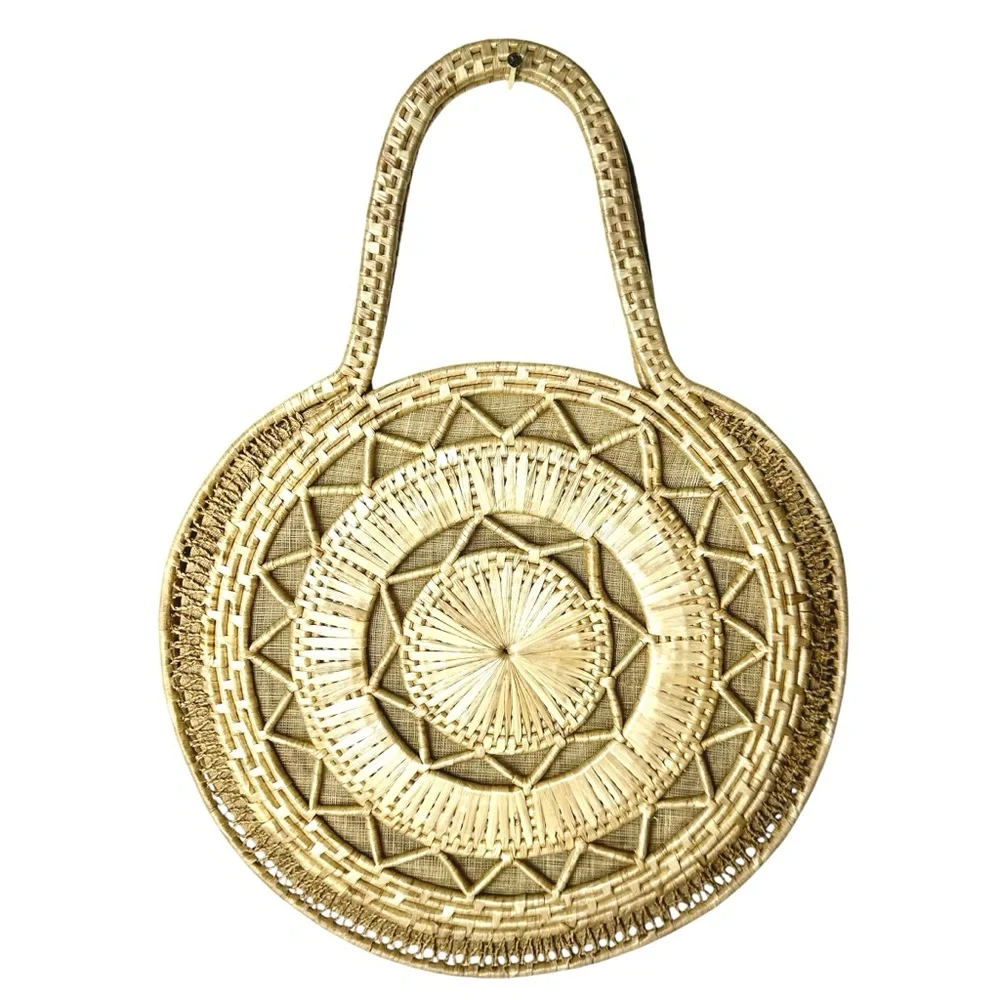 Vintage Hand-Woven Straw Raffia Handbag Natural Geo Sun Beach Bag‎ Boho Coastal